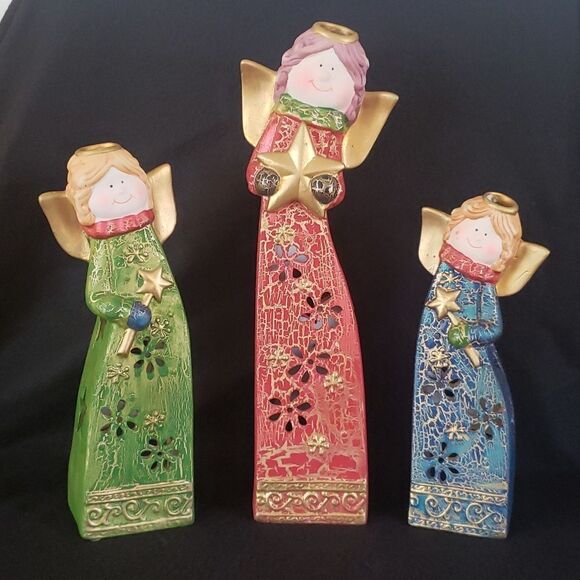 Vintage Set of 3 Lovely Ceramic Angel Votive Tealight Candle Holder Luminaries - Picture 1 of 10